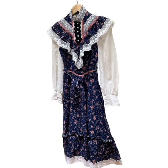 Vintage '70s Jessica McClintock Gunne Sax Navy/Pink Flower Dress - Picture 5 of 16